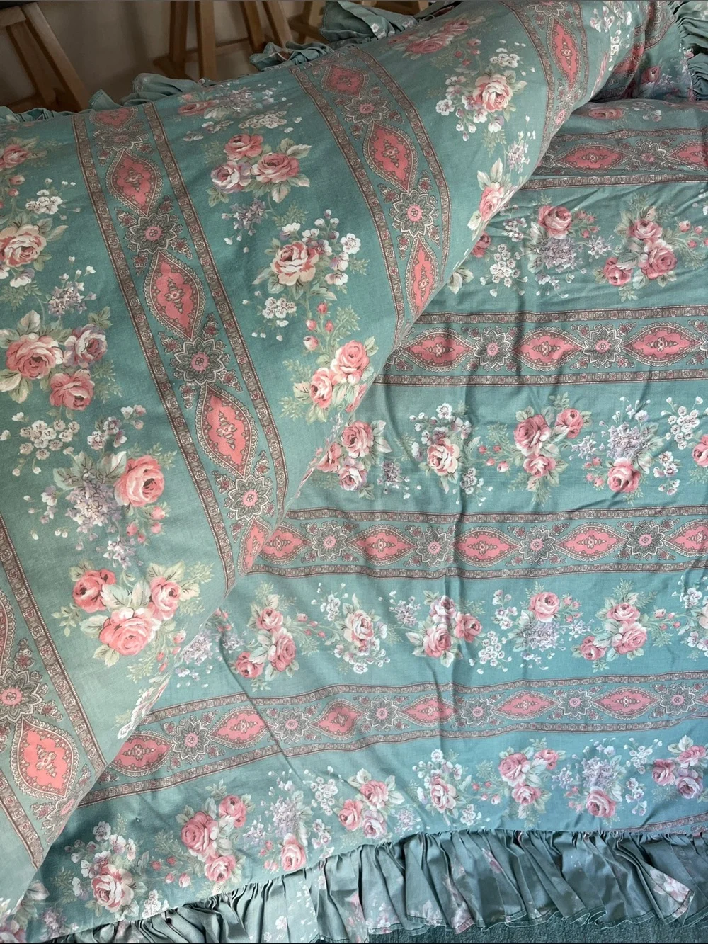 Handmade Pink & Teal Puff Quilt - Floral Patchwork